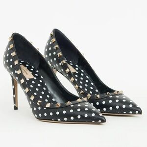 Valentino Rockstud Studded Polkadot Pointed Toe Black Leather Pump Heels